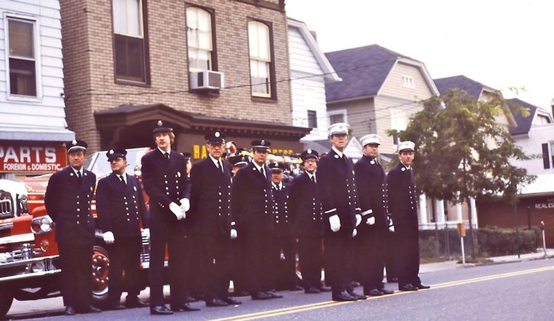 HOH FD 1982 -(L-R): Dick Shannon, John Petas, John Lindner (now Chief) Jack Lindner, Jack Heulsman, Gerry Sager, Dick Martin, Lt. Terry Martin, Capt. Bruce Pennington, Lt. Marty Roos (IDs by Marty Roos; photo courtesy Amy Huelsman)